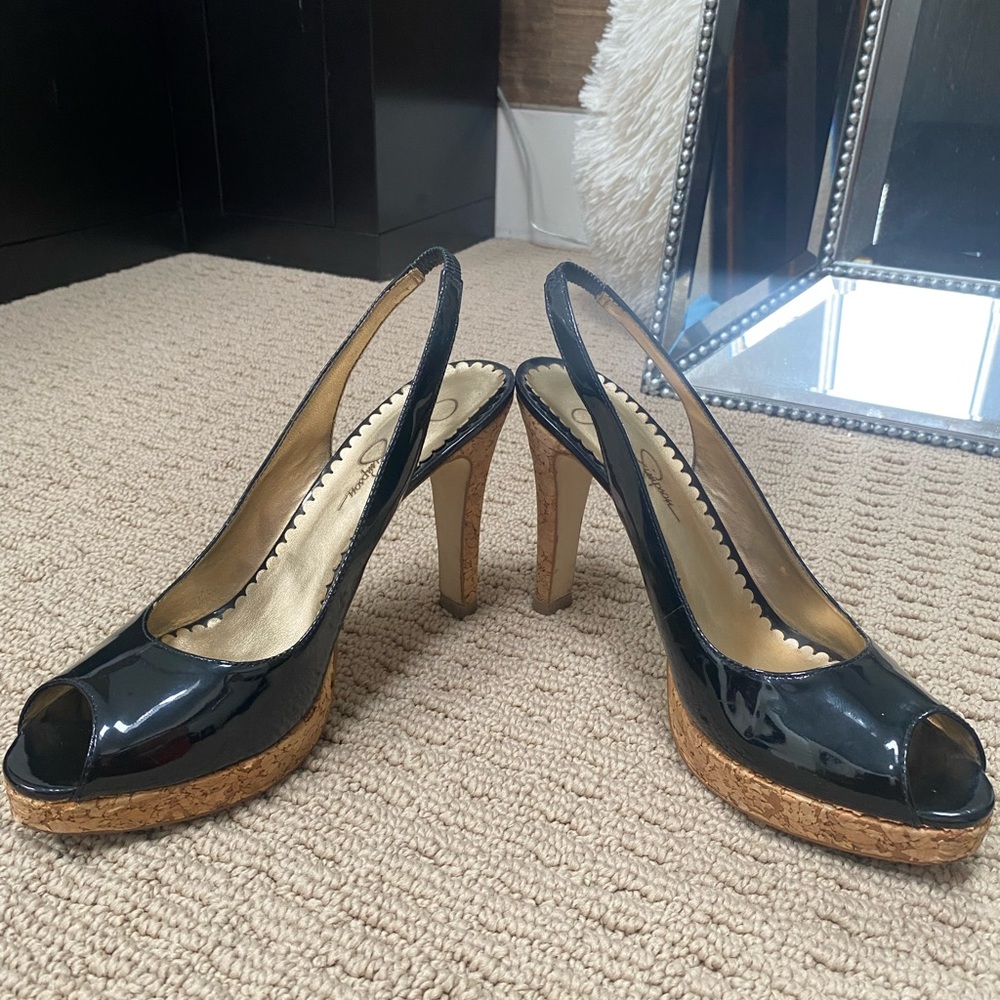 Jessica Simpson Black patent cork sling backs